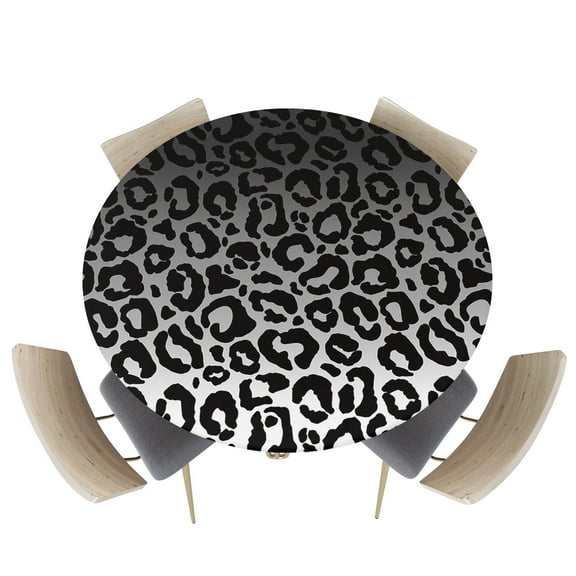 Fitted Round Tablecloths Table Covers 55-60in,Retro Leopard Animal Skin Print Pattern Waterproof Elastic Edged Table Cloth for Kitchen Dining Holiday Party Tables Decor,Black and White