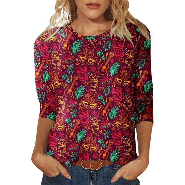PMUYBHF Mode Femme Carnaval Imprimé Numérique Décontracté Manches Trois-Quarts Col Rond T-Shirt Top 7201 TG