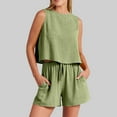 thumbnail image 1 of Birdeem Mode Femme Col Rond Blouse Sans Manches Ample Coton Lin Poches Pantalons Ensembles Chemises, 1 of 12