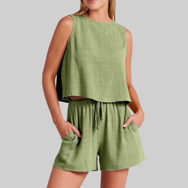 Birdeem Mode Femme Col Rond Blouse Sans Manches Ample Coton Lin Poches Pantalons Ensembles Chemises
