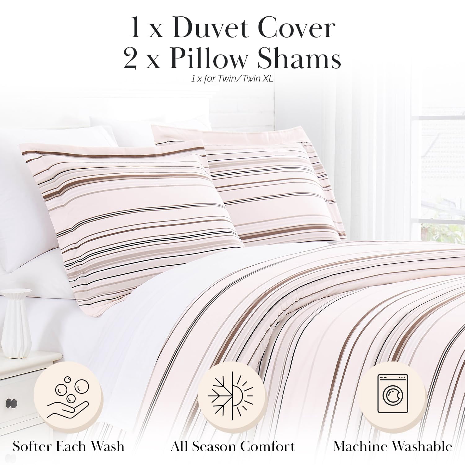 Southshore Fine Living, Inc. Coastal Stripes Collection - Soft, Wrinkle, Fade, & Stain Resistant, Easy Care, Oversized Duvet Cover Set, King/California King, Taupe