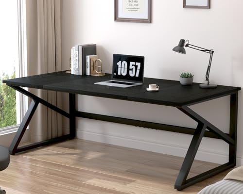 IBF Long Black Computer Desk, Large Executive Office Desk for 2 People Work Writing Study, 70 Inch  Metal Wood Dual Monitor Desk Workstation, Modern Simple Double PC Gami