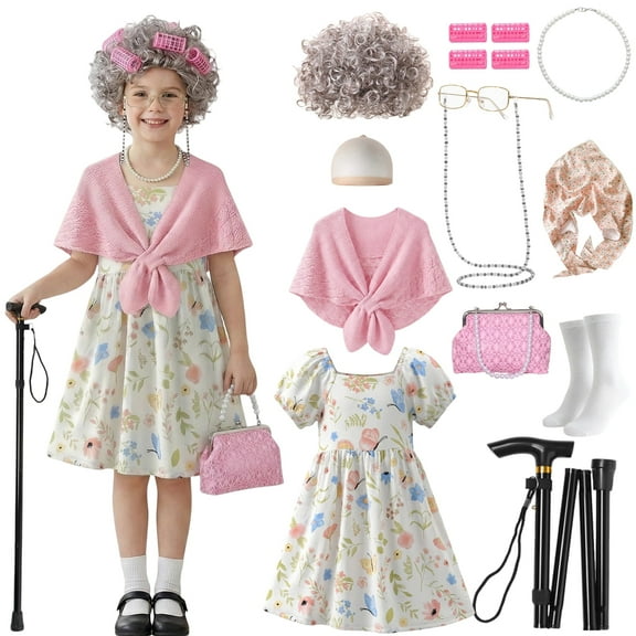 ‌Alaiyaky Old Lady Costume 10 Pcs 100 100th Days of School Costume Dress Up Granny Grandma Cosplay Outfits