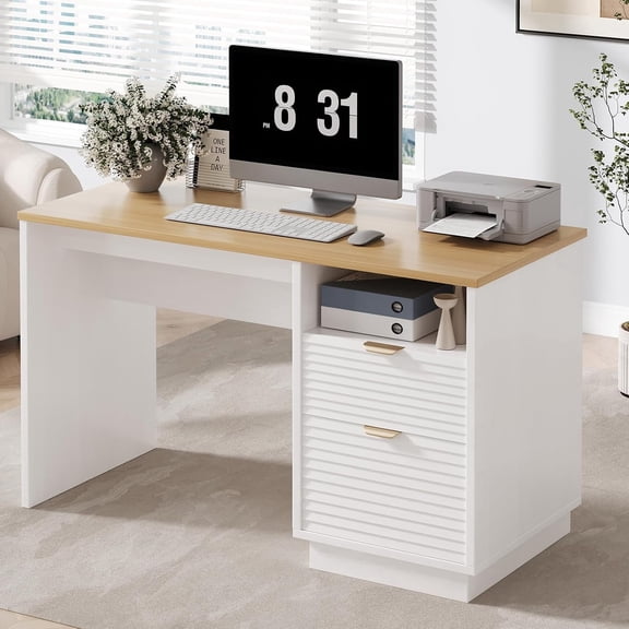 Catrimown 47 Inch Fluted Computer Desk with 2 Storage Drawers, White Writing Desk with Gold‑Tone Handles for Bedroom Home Office