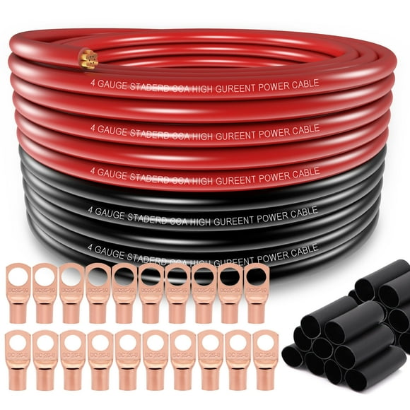 4 Gauge Wire (25ft Each- Black/Red) Copper Clad Aluminum CCA,20pcs Lugs Terminal Connectors with 3:1 Heat Shrink Tube for Power/Auto,Amplif
