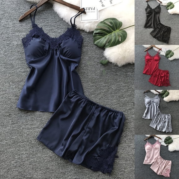 SAZBJOJN 2 Piece Silk Pajamas for Women Satin Lace Trim Spaghetti Strap Cami Top and Shorts Soft Silky Sleepwear Casual Pajamas for Women Set Home Loungewear Red Size L