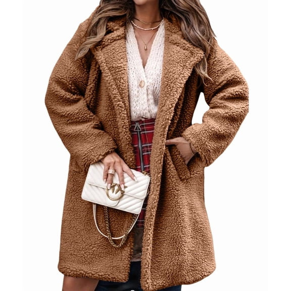 Women'S Fuzzy Fleece Lapel Open Front Long Cardigan Coat Faux Fur Warm Winter Outwear Jackets Khaki XL