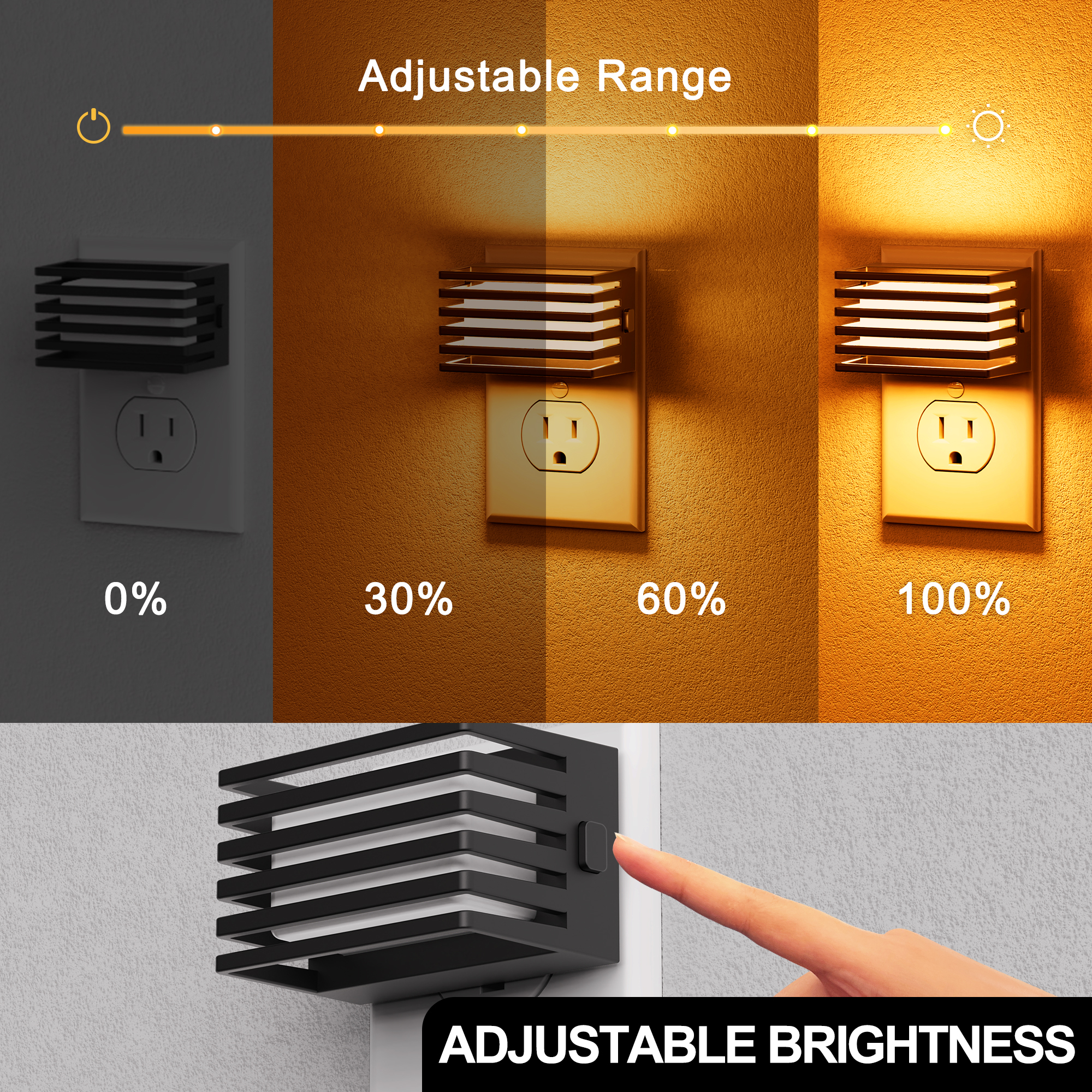 1W Plug-in Integrated LED Night Light with Dusk-to-Dawn Sensor, Up & Down Glow, Amber Warm White 2000K Dimmable , Black, 2-Pack