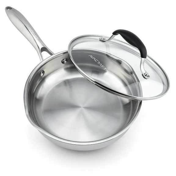 AVACRAFT 18/10 Stainless Steel Frying Pan with Lid and Side Spouts, Induction Compatible Stainless Steel Skillet Frying Pan with Lid (Tri-Ply Capsule Bottom, 8 Inch)
