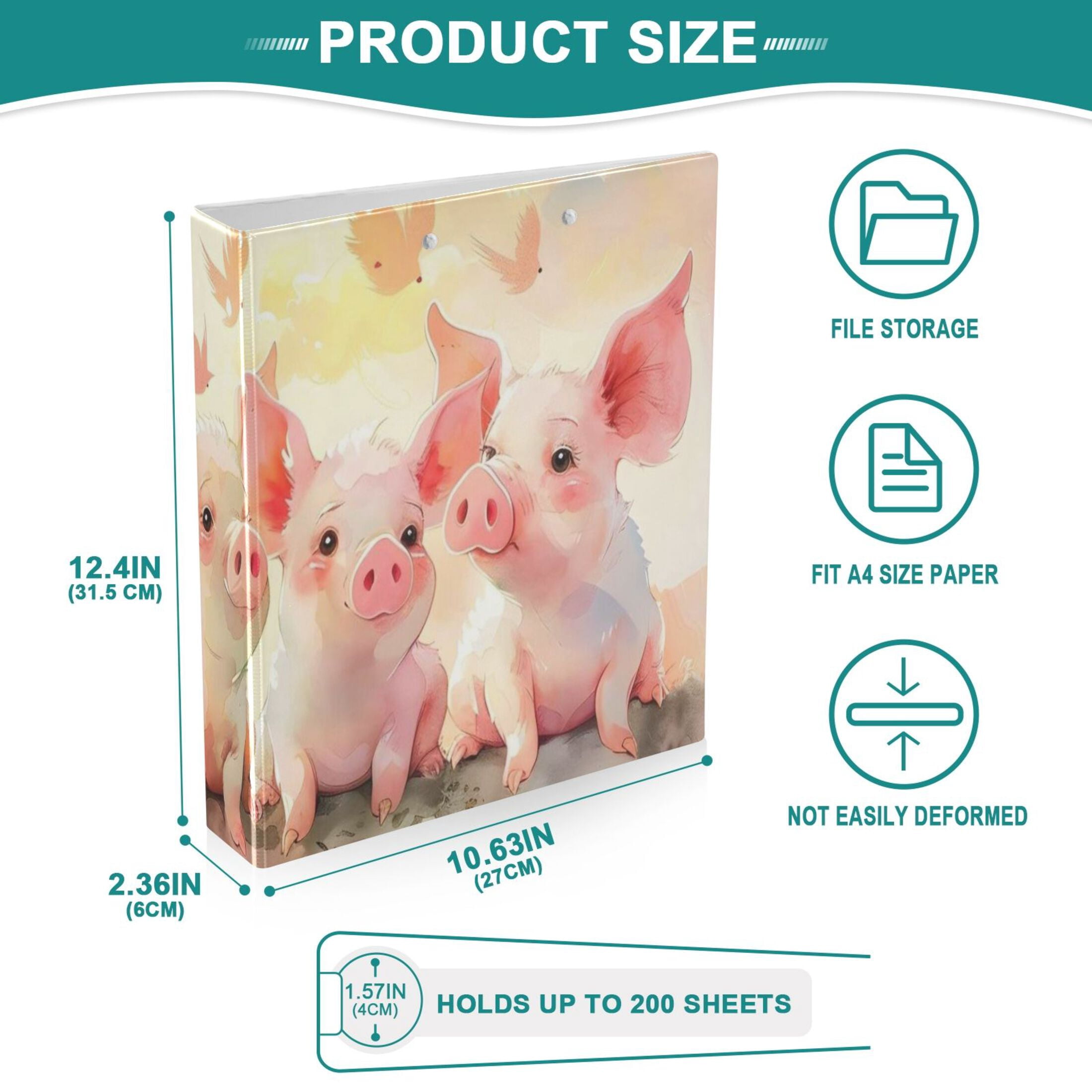 Many Pigs 3 Ring Binders 1.5 inch Hardcover File Folders with Interior Pockets A4 Size Organizer for School Office Hospital