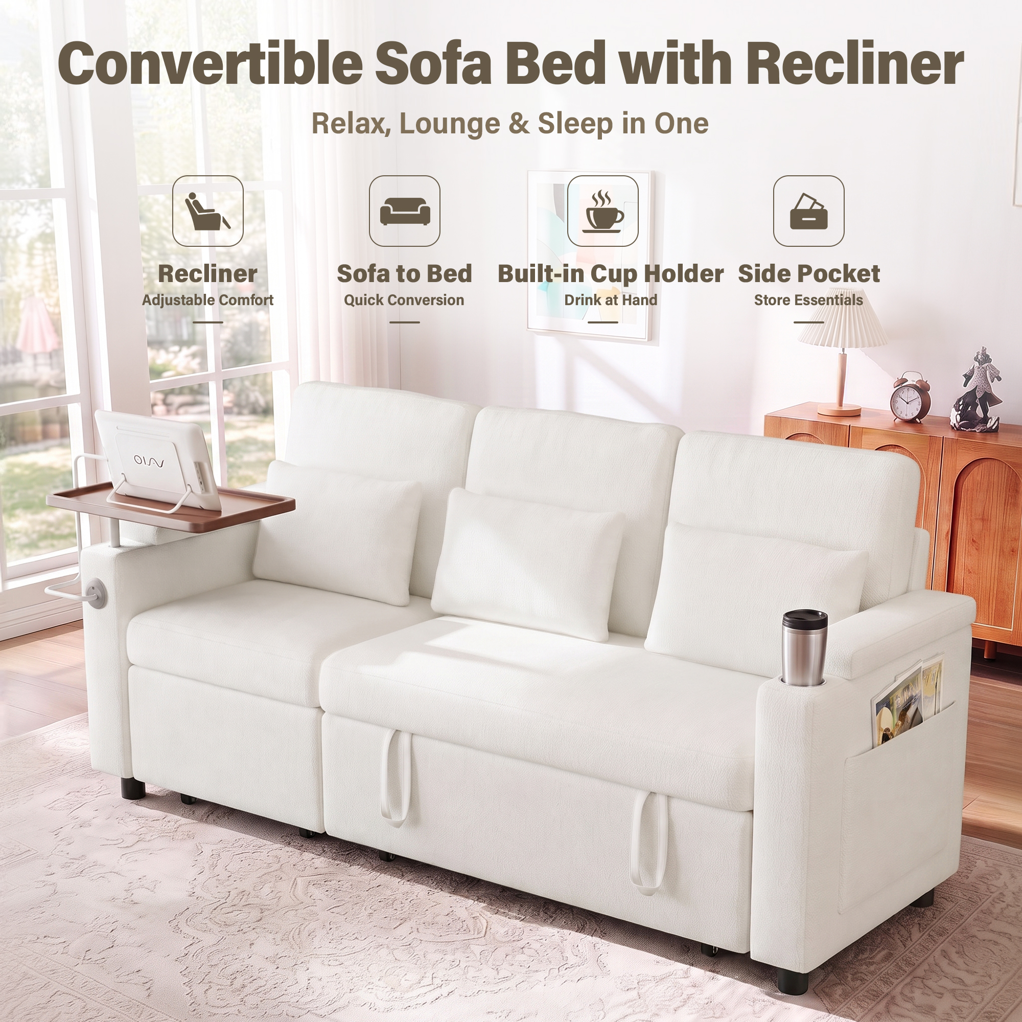 Aukfa 81" Convertible Sleeper Sofa,Chenille 3-in-1 Sofa Bed with Recliner,Center Table,USB Ports & Storage Armrests,White