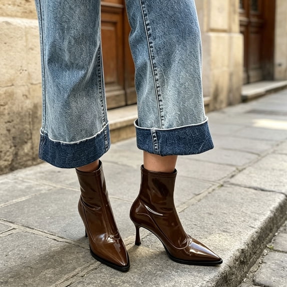 HAPIMO Women Ankle Boots Pointed Toe Heel Back Zipper Glossy Patent Upper Slim Shaft For Formal Banquet And Evening Social Activities Brown 37