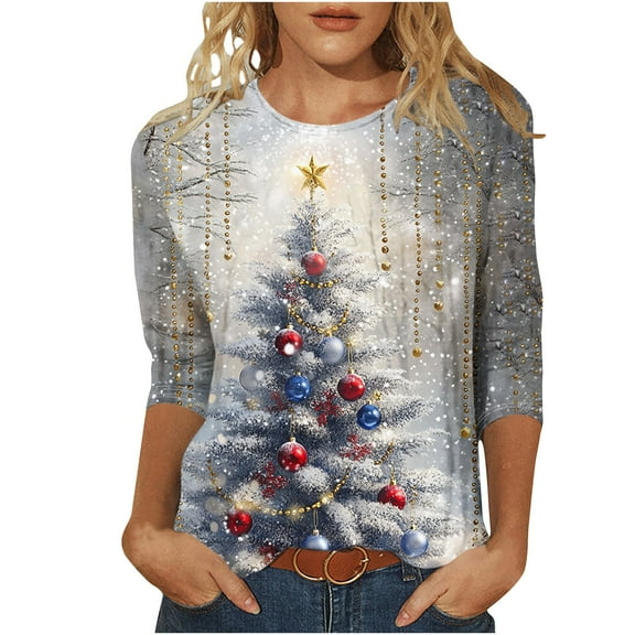 3/4 Length Sleeve Shirts Womens Christmas Custom Painted Blouses Crew Neck Tunic Tops Funny Xmas Graphic Shirts Holiday Family Party Matching Pullover Top