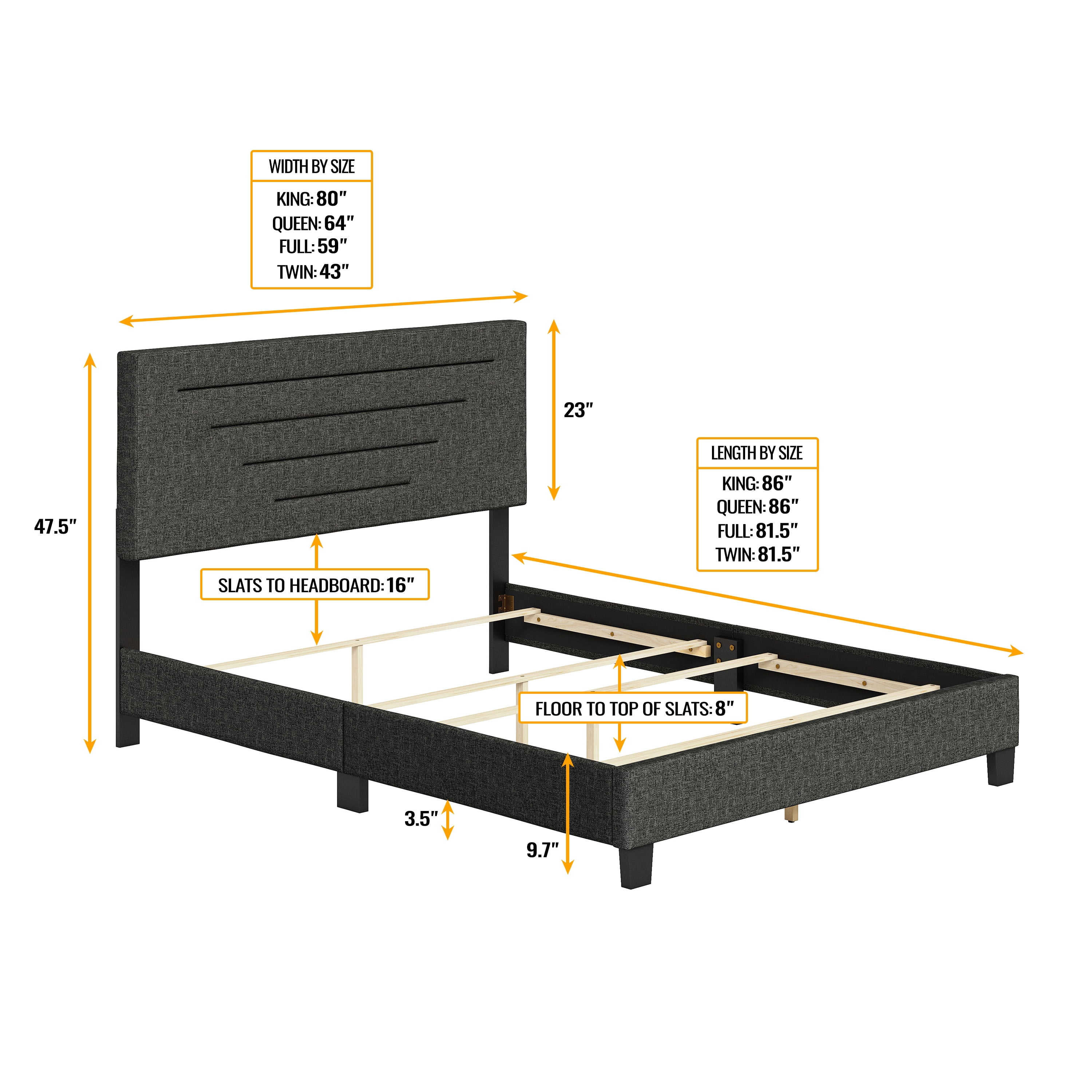 Boyd Sleep Cordoba Black Linen King Size Fully Upholstered Platform Bed Frame with Adjustable Headboard, Qualified Box Spring or Foundation Required for Use