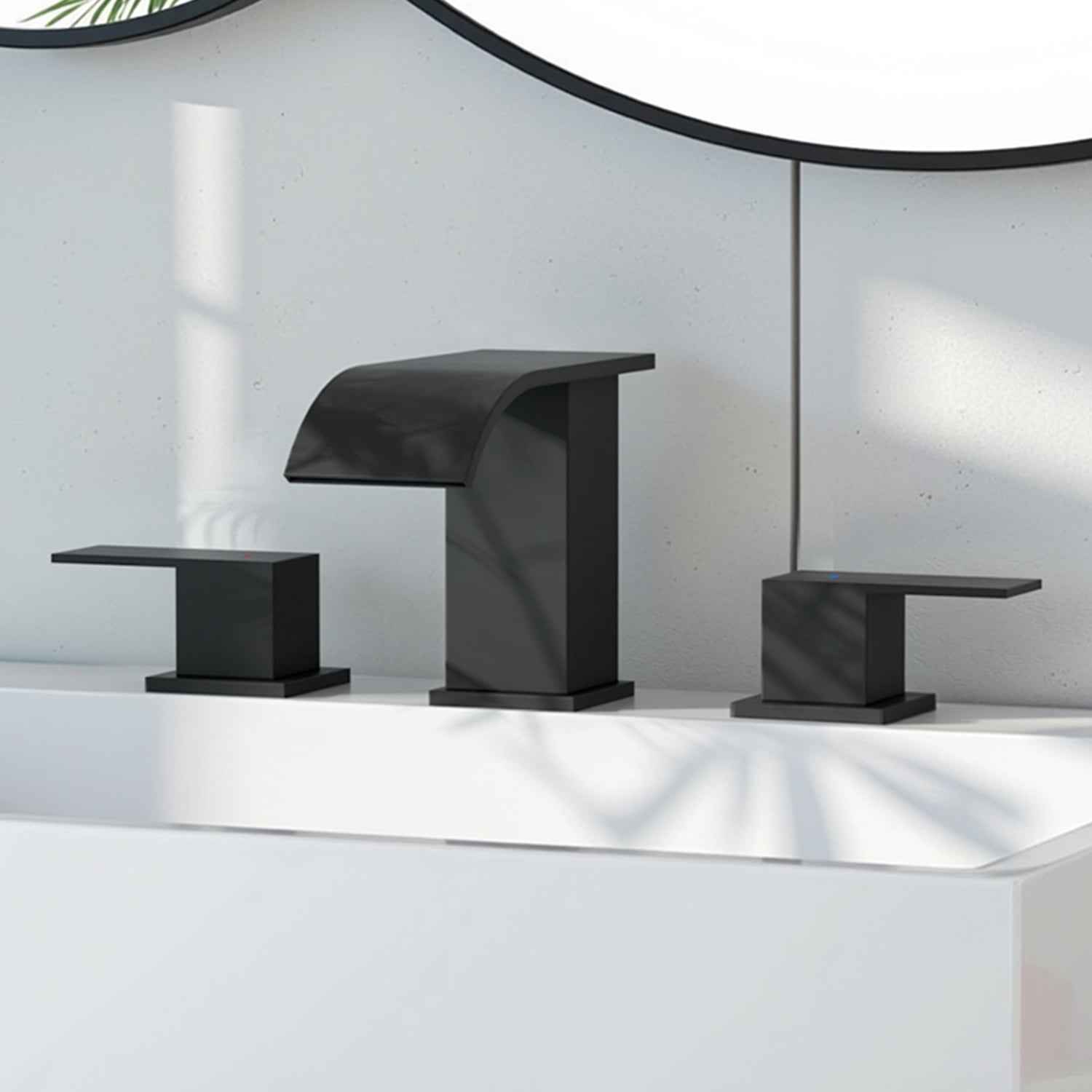 Curve Waterfall 8 in. Widespread 2-Handle Bathroom Faucet, 3-Hole Sink Faucet with Pop-Up Drain, Matte Black