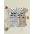 thumbnail image 3 of BemeyourBBs Toddler Baby Boys Summer Clothes Waffle Knit 2 Piece Outfits Excavator Truck Vehicles Embroidery Short Sleeve T Shirt Tops and Pockets Shorts Set, 3 of 9