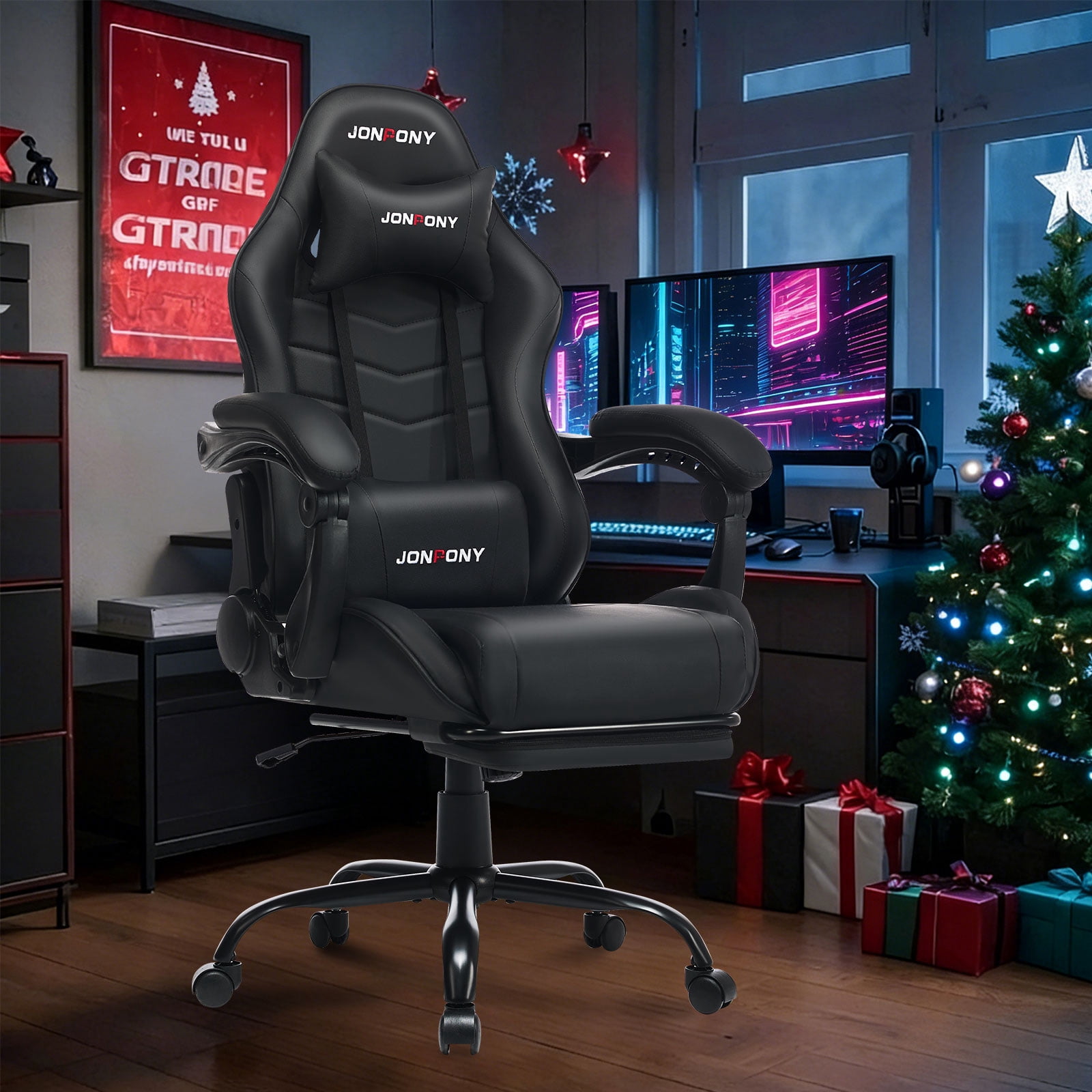 JONPONY Big and Tall 500LBS Gaming Chair, Ergonomic High Back Gamer Chair with Footrest Lumbar Support, PU Leather Office Computer Chair for Long Sitting, Black