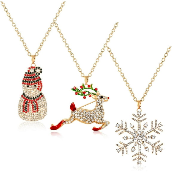 Long Christmas Necklace Pave Rhinestone Reindeer Snowflake Snowman Pendant Necklace Xmas Santa Holiday Festive Necklace Jewelry 3 Pack[l284]