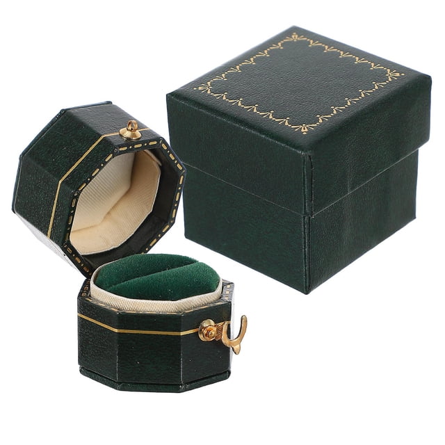 bulk gift boxes jewelry ring holder ring box proposal ring case ring container vintage ring box caja para anillos color verde oscuro en material piel sintética, caja octagonal con borde dorado, cojín interior de terciopelo verde y tapa con caja exterior cuadrada, 3.5x3x3 cm, ideal para propuestas y regalos.