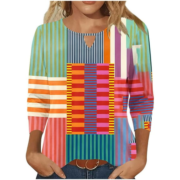 Womens Summer Shirts and Tops Womens Tops Dressy Blouses Plus Size Women's Tops 3/4 Sleeve Womens Tops Plus Size T Shirts Color Block Shirt