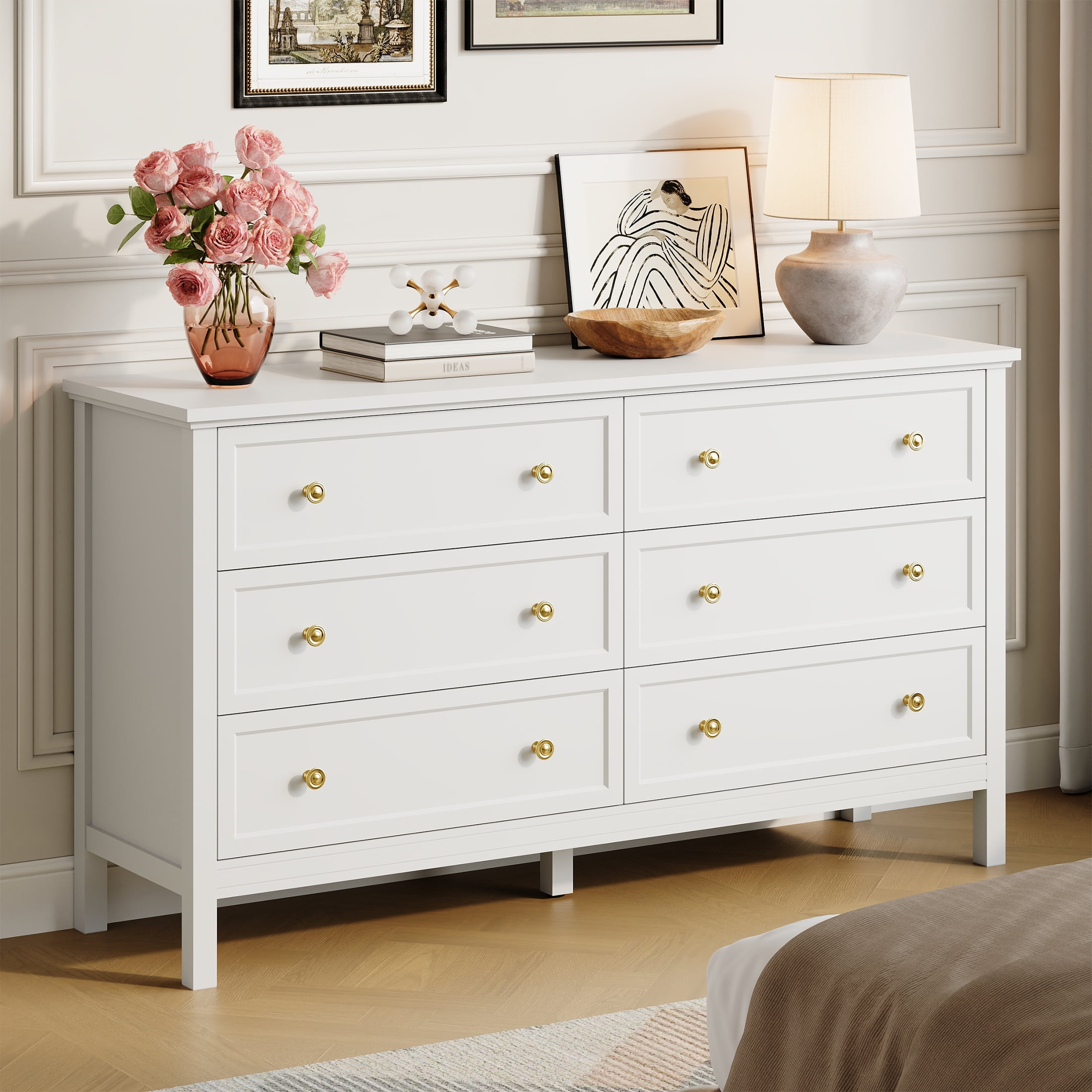 YouTrend White Large Dresser with 6 Drawer for Bedroom,Traditional Adult Storage Cabinet with Golden Handles for Living Room,Hallway