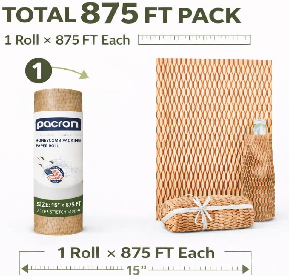 Pacron Recyclable Honeycomb Packing Paper Roll 15x875 – Eco Kraft Wrap for Moving