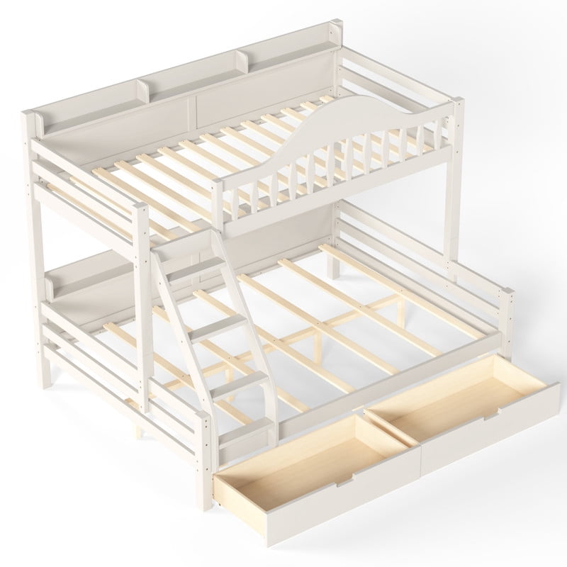Twin Over Full Bunk Bed with 2 Storage Drawers, Solid Wood Kids Bunk Bed with Curved Guardrails, Side Storage Shelves and Ladder, No Box Spring Needed