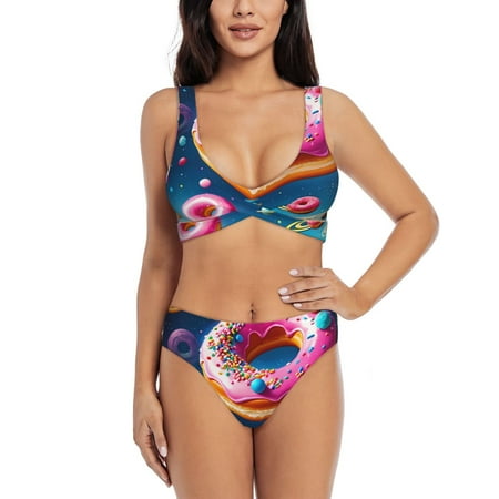Zeuib Starry Sky Colorful Donut High Waisted Tummy Control Bikini Set - Knot Front Push Up Top & Cheeky Thong Bottom  Two-Piece Swimsuit for Women-XX-Large