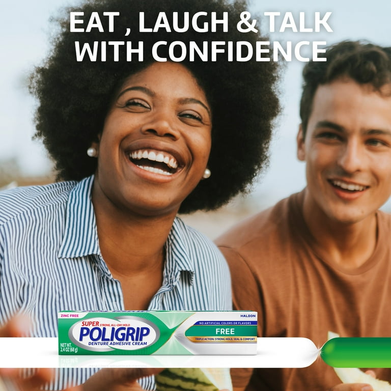 Poligrip Free Denture Adhesive Cream, Strong All-Day Hold, Food