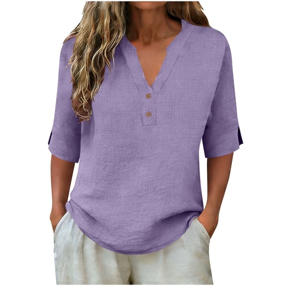 Summer Tops Trendy 2026,Linen Tops for Women Summer Loose Fit - 3/4 Length Sleeve Blouses Dressy Casual Button Trim Notched V-Neck Shirt
