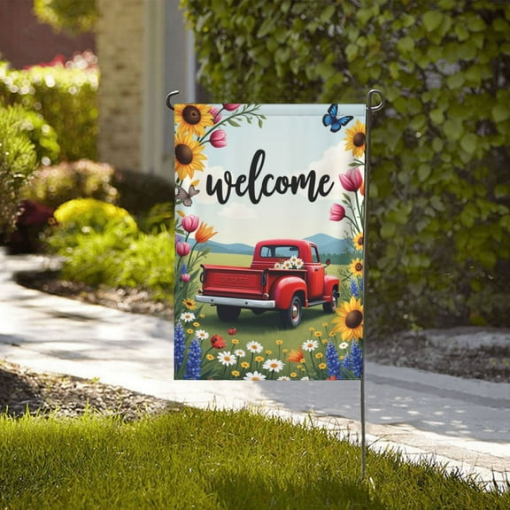 Welcome Spring Summer Garden Flag Good Day Red Truck Sunflower Daisy Daisy 12X18 Double Sided Vertical, Small Floral Yard House Sign Outside Outdoor Home Summer Decoration