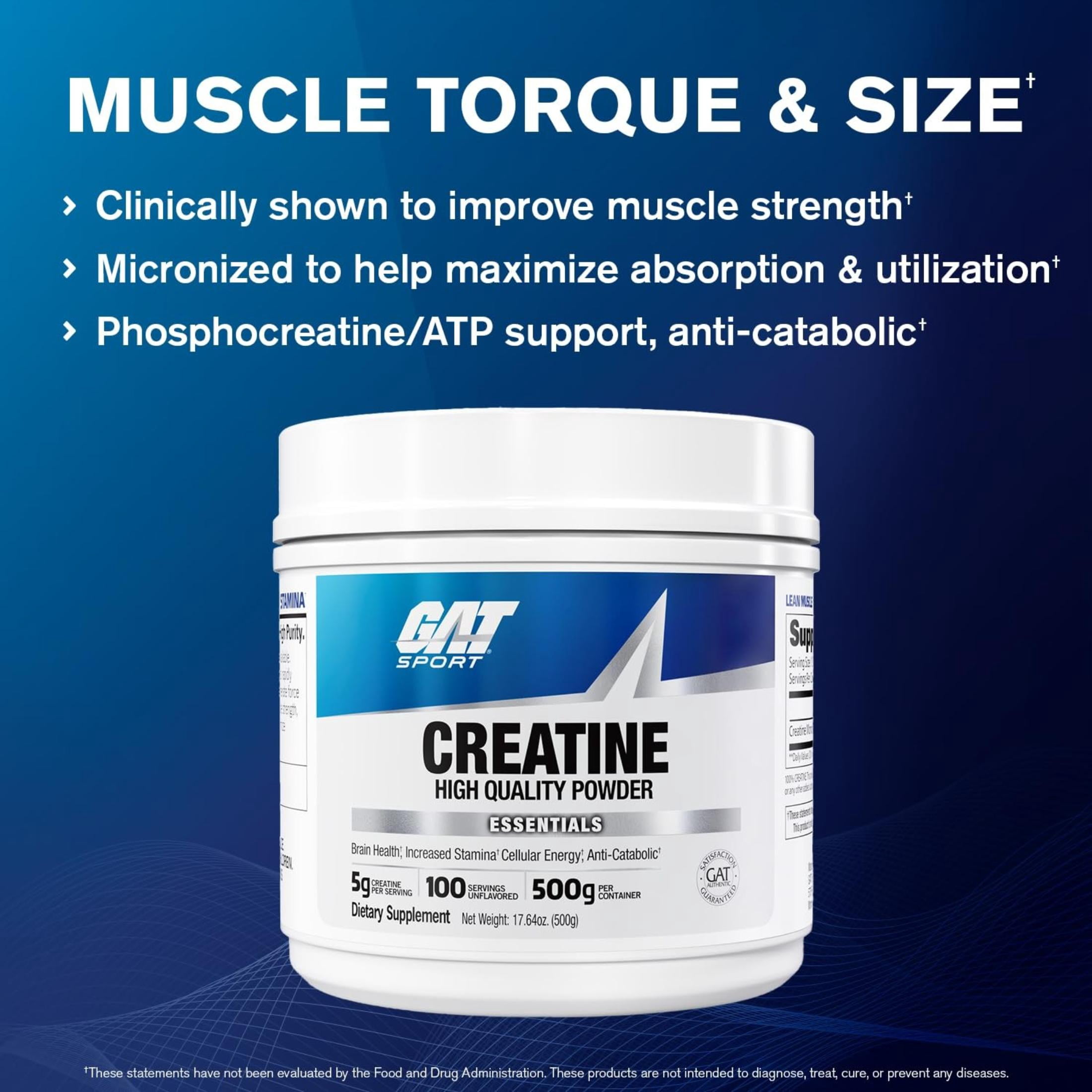 GAT SPORT Creatine Monohydrate 500 Gram Powder, Strength, Brain Health, Anti-oxidant, Endurance, for Men & Women, Unflavored, 100 Servings