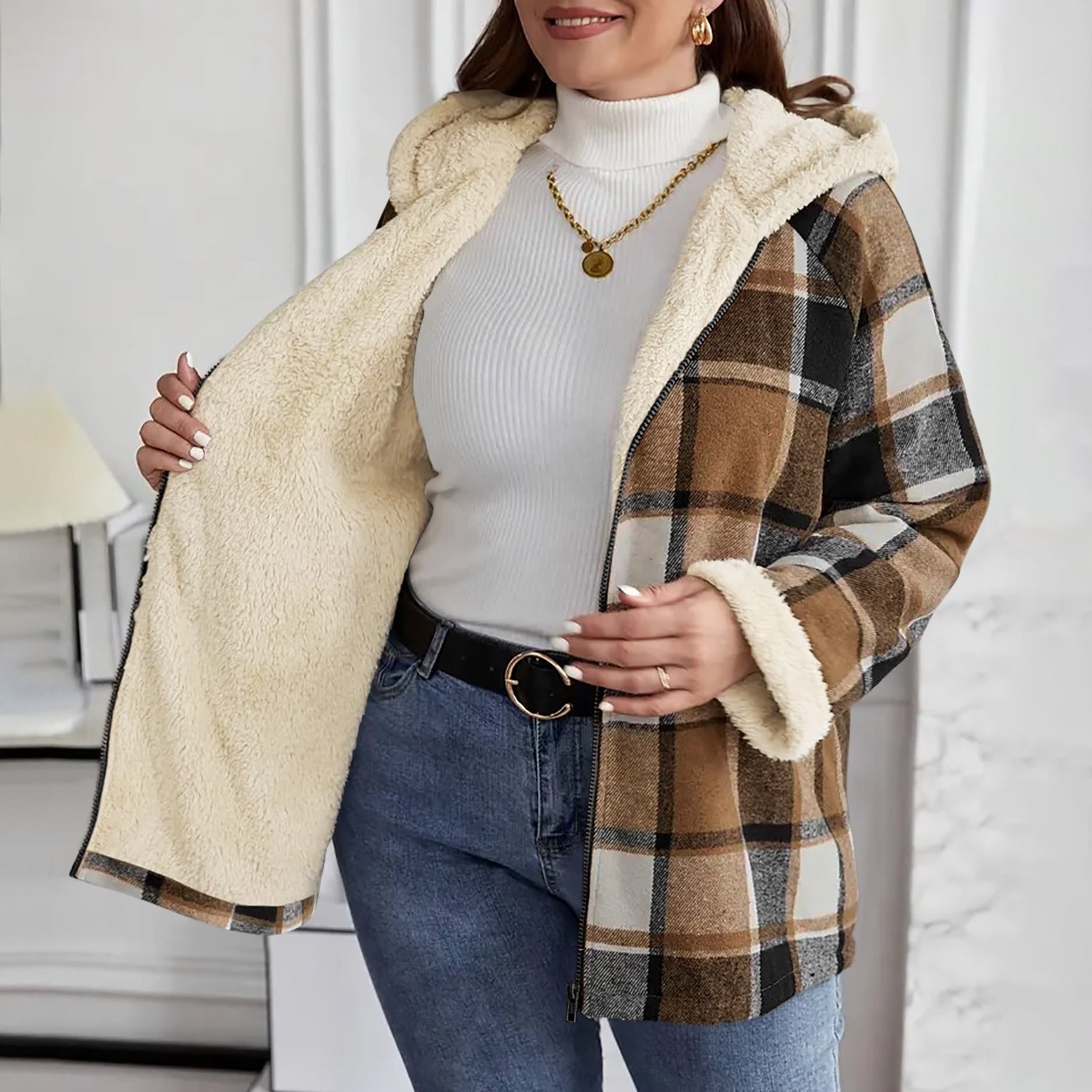 Womens Winter Coats Plaid Woolen Full-zip Hooded Jackets with Sherpa Lined Thick Warm Faux Shearling Outerwear (XL, Khaki)