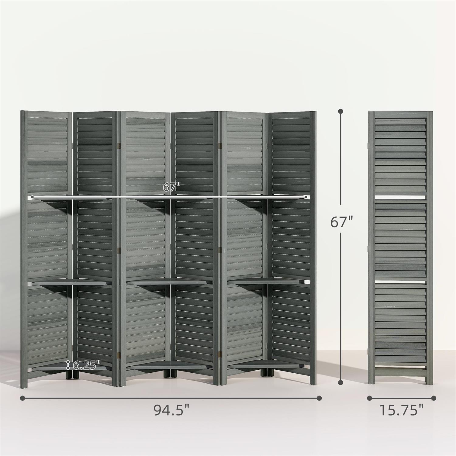 Demi Bonn 67" Tall Wood Privacy Screen Room Divider with 6 Panels, 3 Shelves, Folding Storage for Bedrooms, Gray