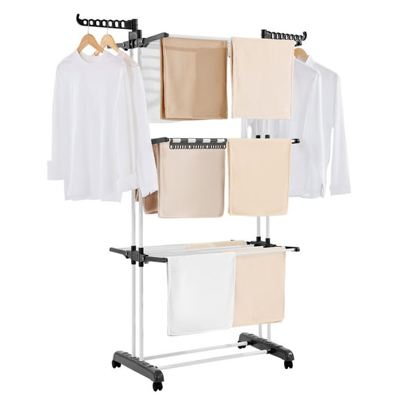 VEVOR Clothes Drying Rack, 4-Tier Foldable Laundry Dryer Rack, Metal Drying Racks with 24 Drying Rods, Free-Standing and Portable Hanger with 4 Castors and Two Side Wings for Outdoor & Indoor Use