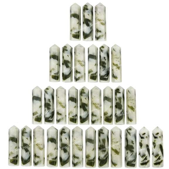Green Tourmaline in Quartz Crystal Points Bulk 3 Pcs, Hexagonal Healing Point