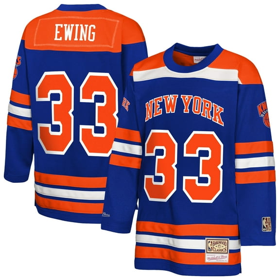 Youth Mitchell & Ness Patrick Ewing Blue New York Knicks Maxxed Out 2.0 Fashion Hockey Jersey