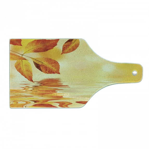 Orange Cutting Board, Autumn Maple Leaves Shadow on the Water Mystic Sun Image, Decorative Tempered Glass Cutting and Serving Board, Wine Bottle Shape, Earth Yellow Orange, by Ambesonne