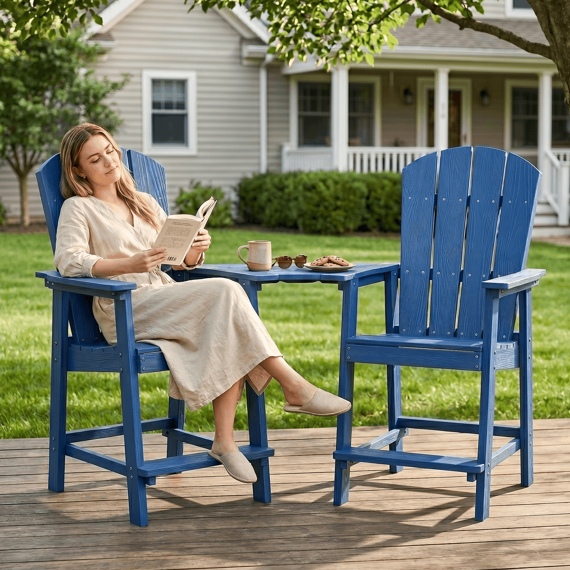 2-Piece Outdoor Adirondack Chair With Table, High Adirondack Chairs with Removable Trays, All Weather Outdoor Adirondack Barstools for Patio, Balcony, Backyard, Deck and Garden