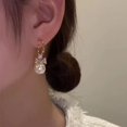 thumbnail image 3 of Pink Season 1 Pair Women Drop Earrings Bow-knot Shiny Rhinestone Luxury Symmetric Stainless Ear Decoration Smooth Edge Faux Pearl Lady Huggie Earrings Jewelry, 3 of 7