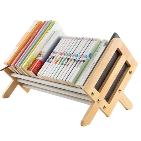 Mosawomo 19.68" Tilting Desktop Bookshelf, Wooden & Iron Book Organizer for Books, Magazines, CDs, Storage Shelf for Home, Office, Yellow & White