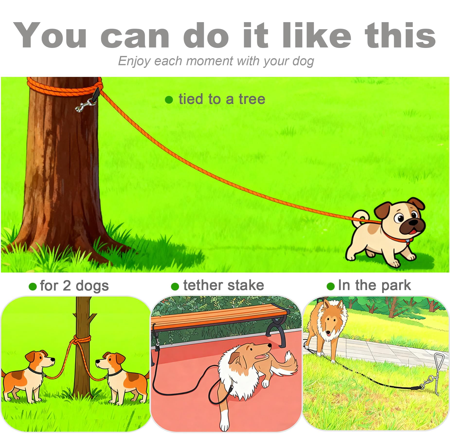 35FT Heavy Duty Nylon Dog Leash Tie Out Rope Long Tether for Medium Large Dogs Outdoor Camping Backyard Play