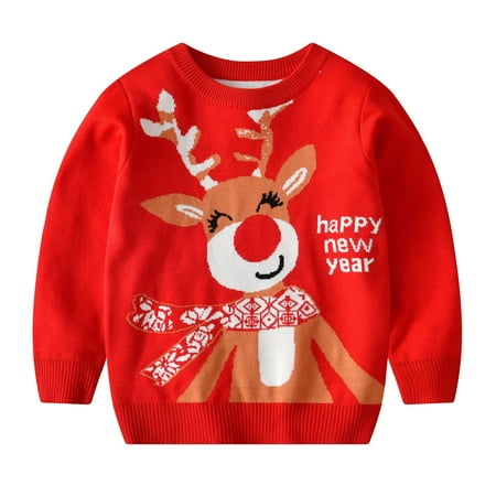 

Christmas Day Sweater Toddler Kids Girls Boys Christmas Deer Sweater Casual Prints Knitted Long Sleeve Outwear Winter Top Sweater Red 120