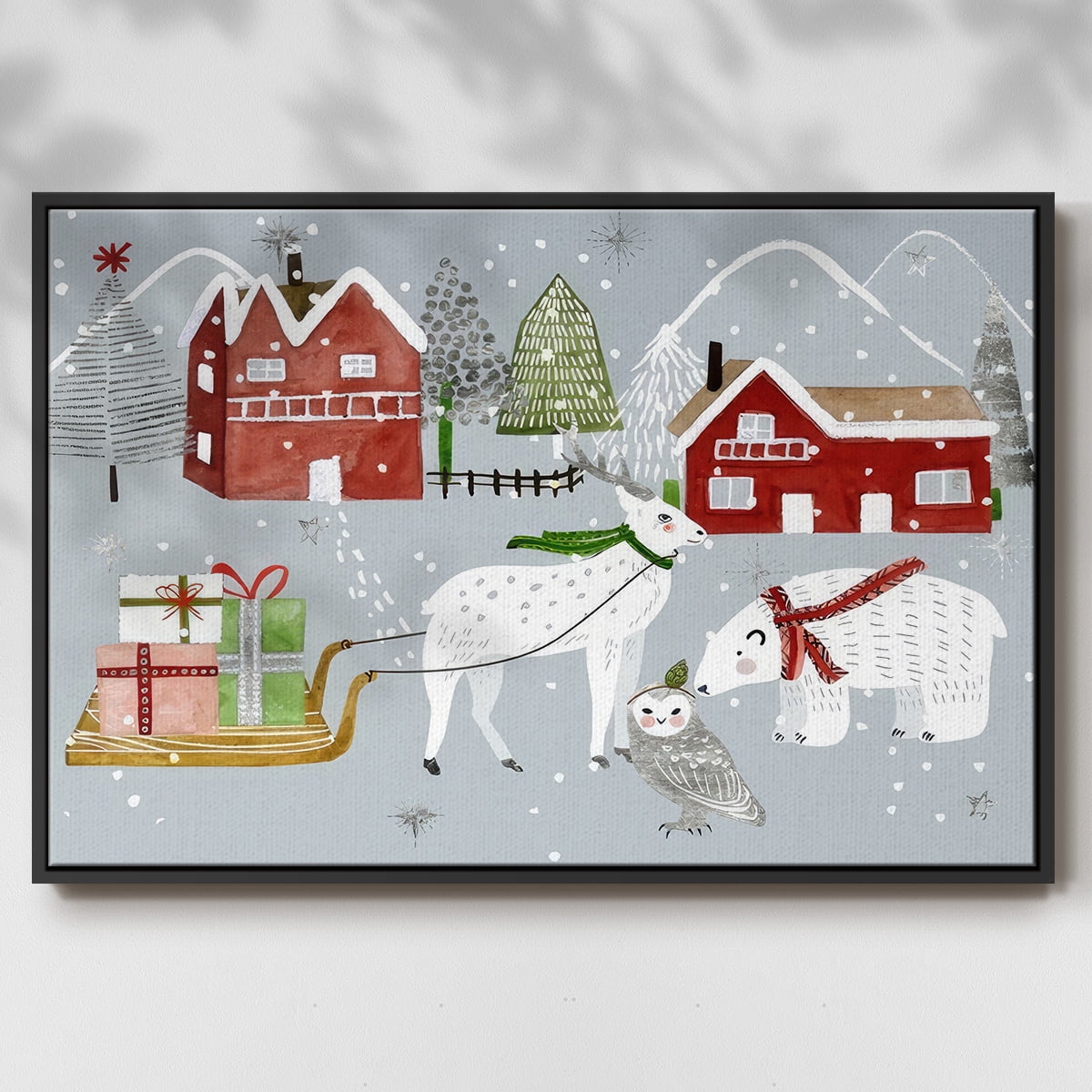 Stars and Snowflakes Collection A - Framed Gallery Wrapped Holiday Canvas - 25 x 37 - Black Frame