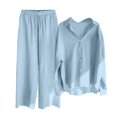 thumbnail image 4 of felwors Womens Cotton Linen Set 2Pcs Summer Casual Long Sleeve Collar Button Down Shirt Elastic Waist Loungewear Pants(Light Blue, S), 4 of 4