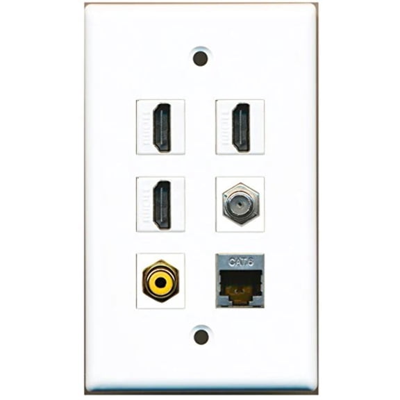 RiteAV - 3 HDMI 1 Port RCA Yellow 1 Port Coax Cable TV- F-Type 1 Port Shielded Cat6 Ethernet Wall Plate