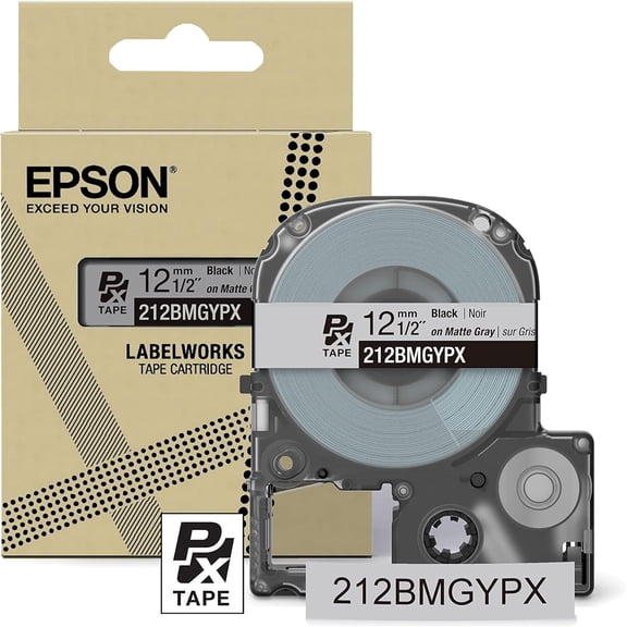 Epson LABELWORKS 212BMGYPX - Black on Matte Light Gray PET Label Maker Tape - 1/2" (12MM) Wide, 26'