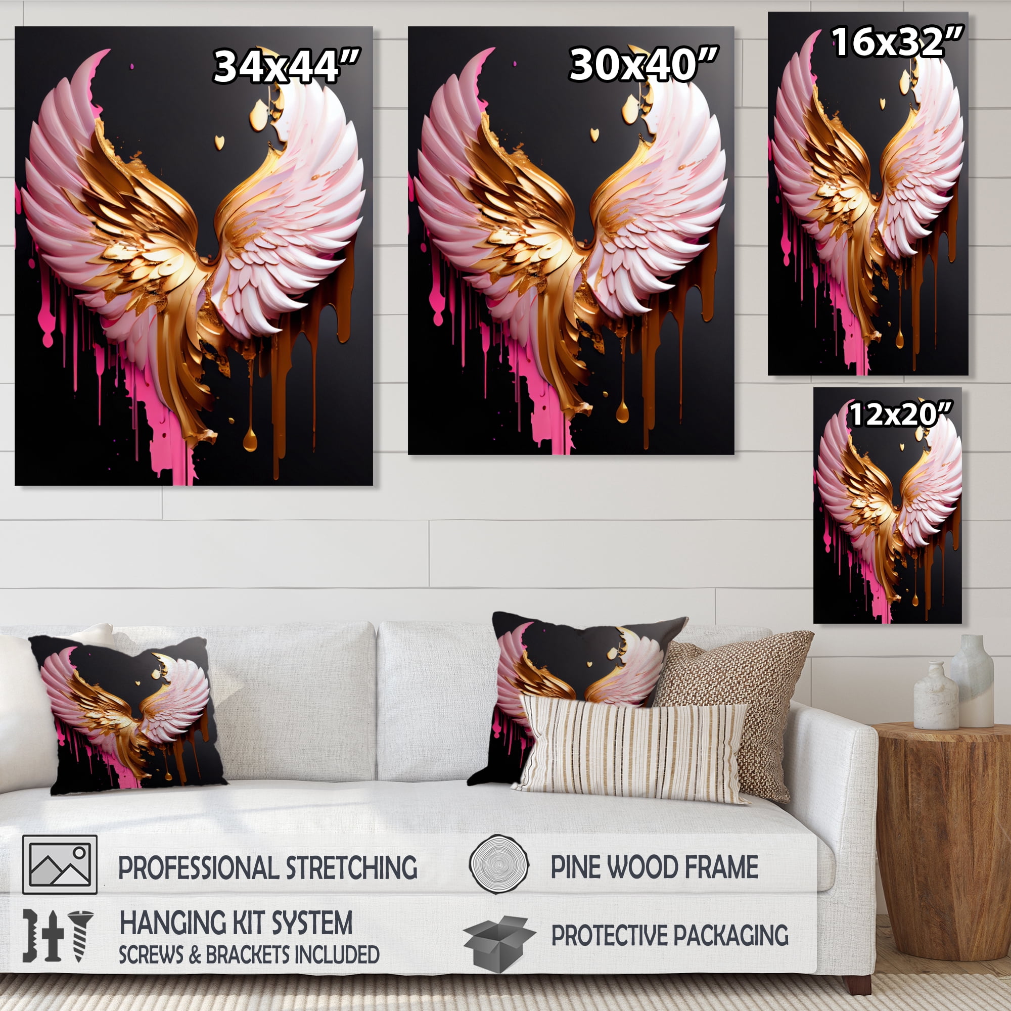 Designart Pink,Gold And Black Angel Wings I Canvas Wall Art