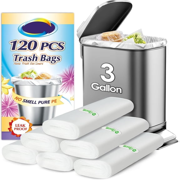 3 Gallon 120 Counts Small Trash Bags 3 Gallon 3.1 Gallon 3.2 Gallon fit 10 liter Garbage Bags by Teivio, Waste Basket Bags,Bathroom Trash Can Bin Liners, Plastic Bags for home office kitchen, Clear