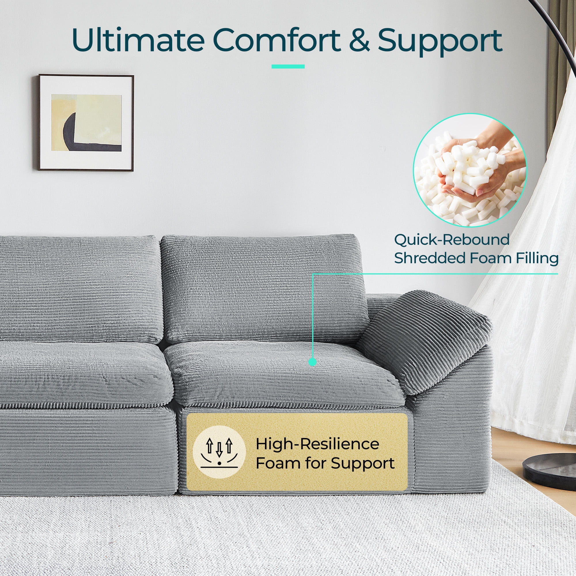 LINSY HOME Oversized 79" Boneless Sectional Couches for Living Room, Cloud Couch Sofa with Corduroy Fabric, 2 Seat Foam Sofa for Living Room, No Assembly Required, Grey